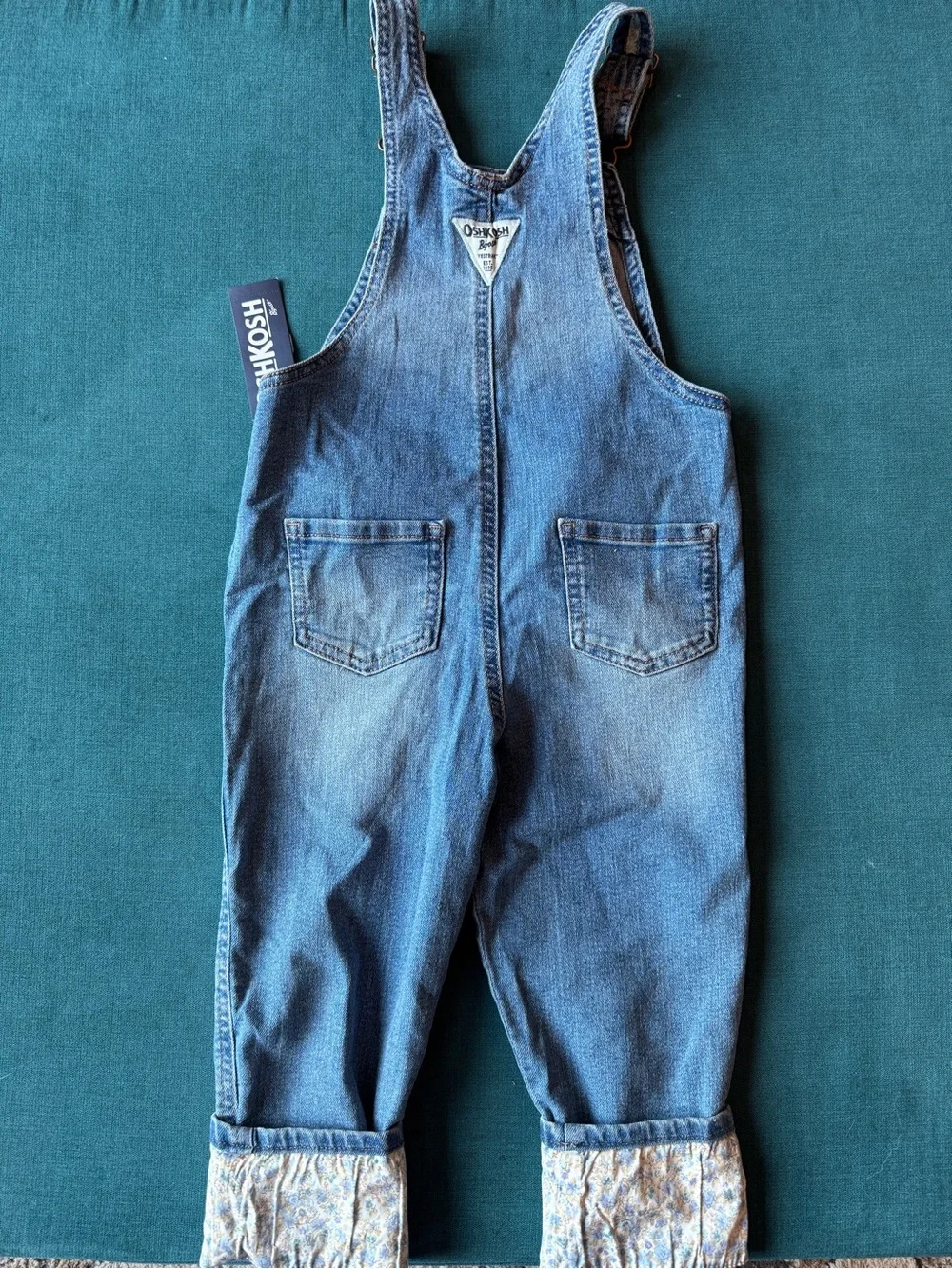 OshKosh B'gosh Medium Blue Denim Girls Overalls with Floral Cuff